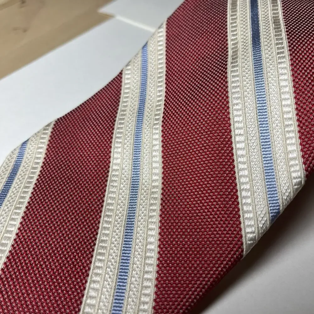 Faconnable Necktie Red Blue White Striped Silk Hand Made in Italy Tie Textured